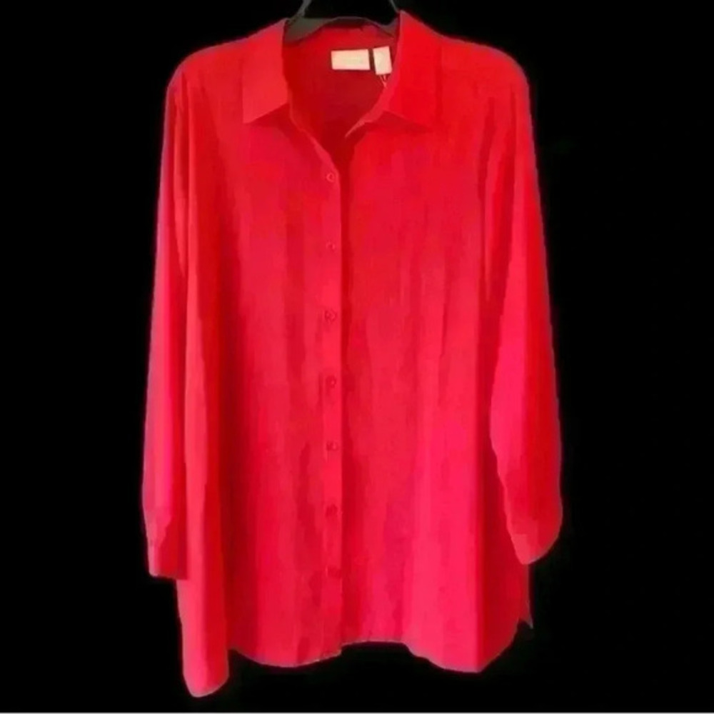 Chico’s Drama Fashion Rosey Top in Red Long Sleeve Blouse Size 12 Petite.